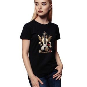 Violin Angel Wings Roses L Graphic T-Shirt Musical Instrument Art Tee Unisex